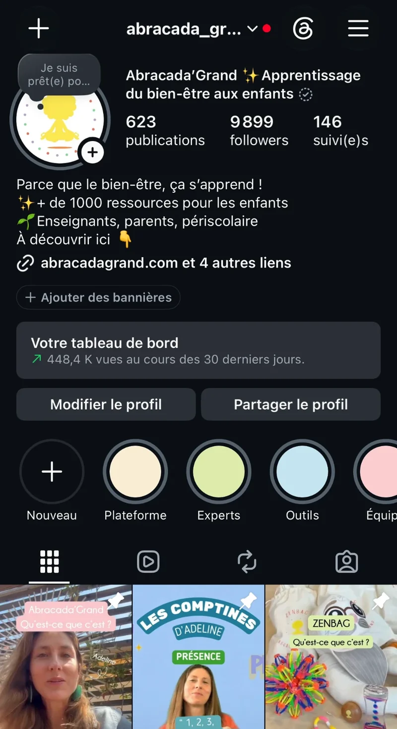 Compte Instagram @abracada_grand : 9 899 abonnés et 448 000 vues sur les 30 derniers jours