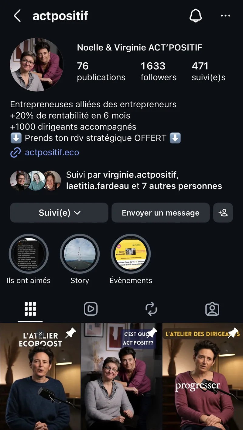 Compte Instagram @actpositif de Noëlle & Virginie — +20 % de rentabilité en 6 mois, +1000 dirigeants accompagnés